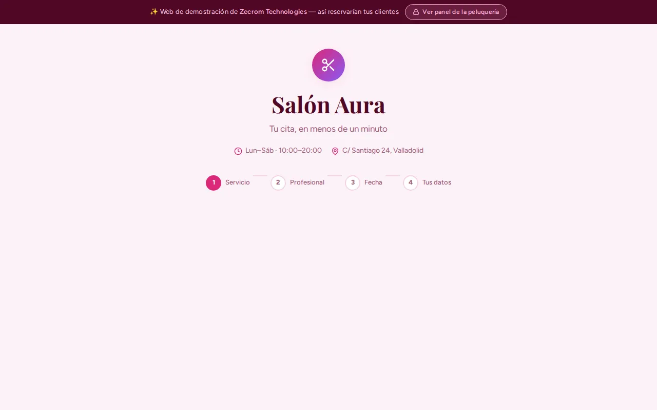 Gestor de citas Salón Aura — reserva online para peluquerías, desarrollado por Zecrom